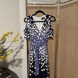 Tahari Dark Navy Blue Midi Sundress with Flutter Sleeves and V-Neck